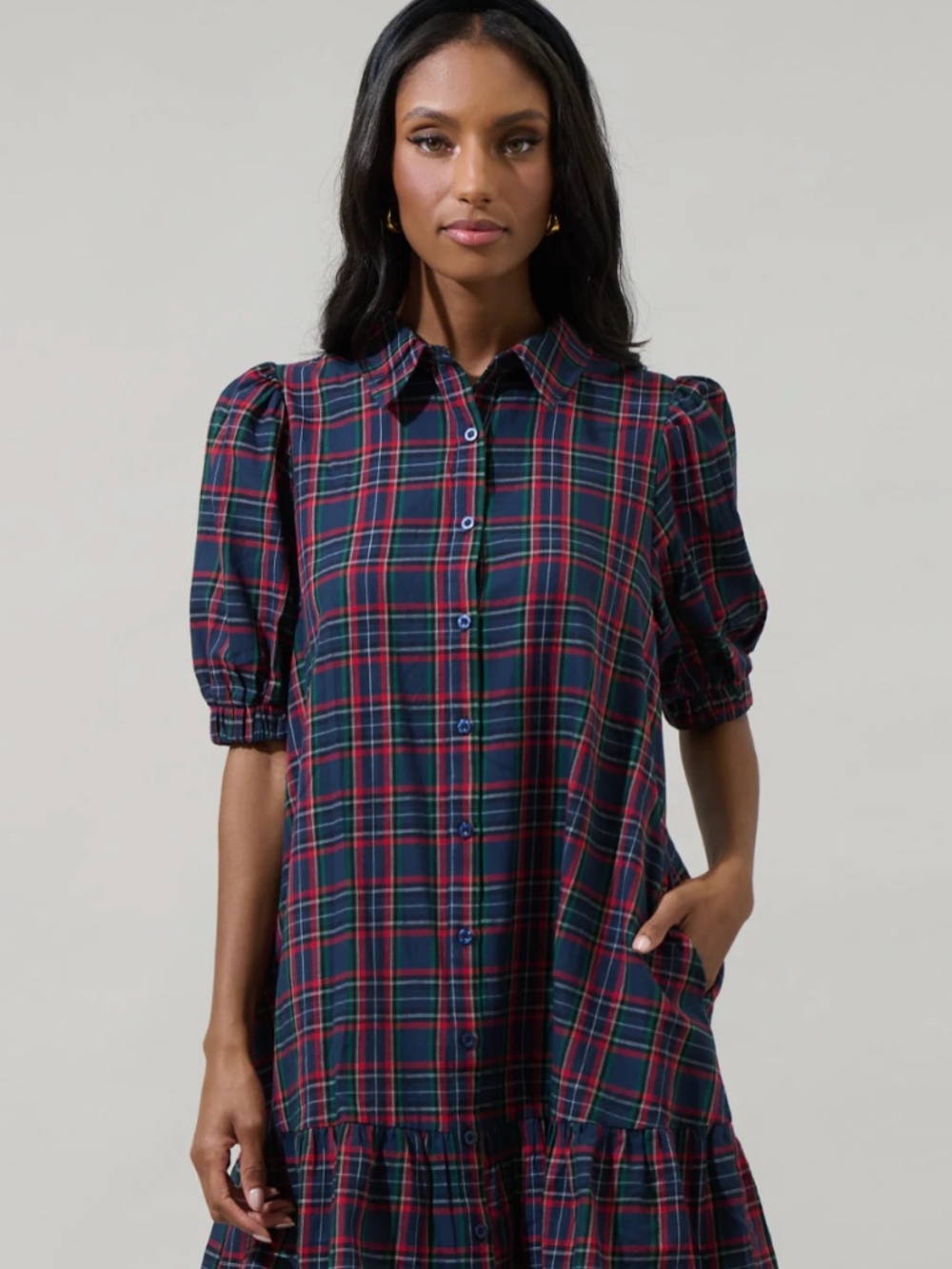 NEW Sugarlips Chapman Navy Multi Plaid Levy Button Down Shift Dress